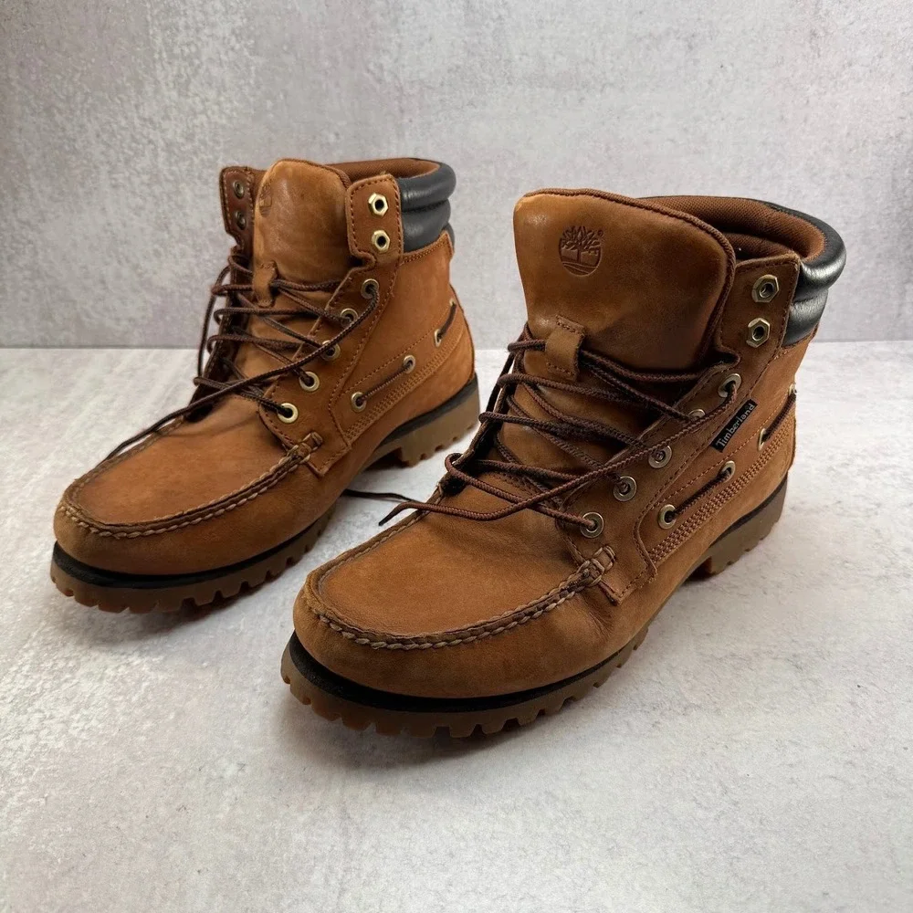 Timberland Oakwell 7-Eye Moc Toe Boots Mens 10.5 Brown Leather Mid Lug Shoes